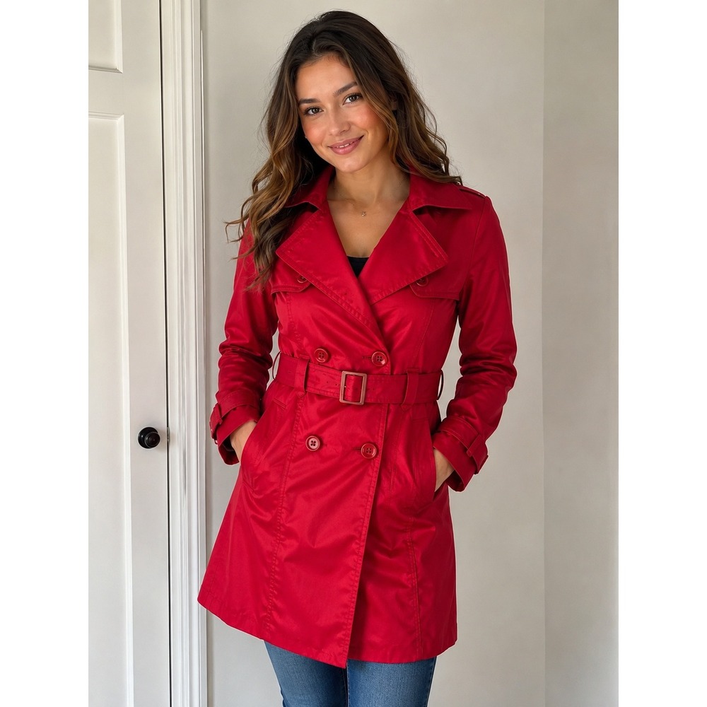Rampage Red Satin Double Breasted Belted Trench Coat Jacket Small